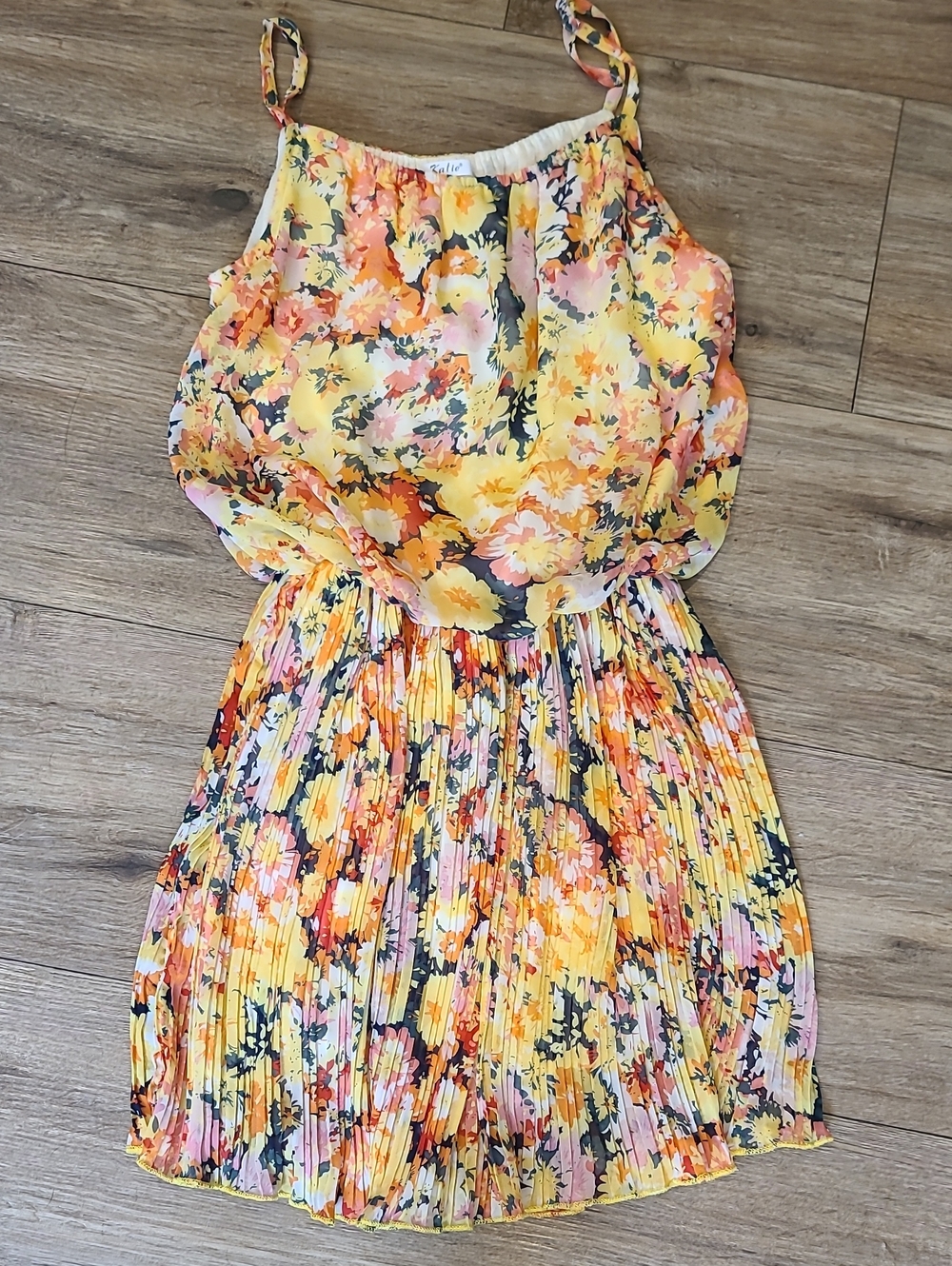 Katie Yellow Floral Pleated Lined Sundress, No Size Tag Small